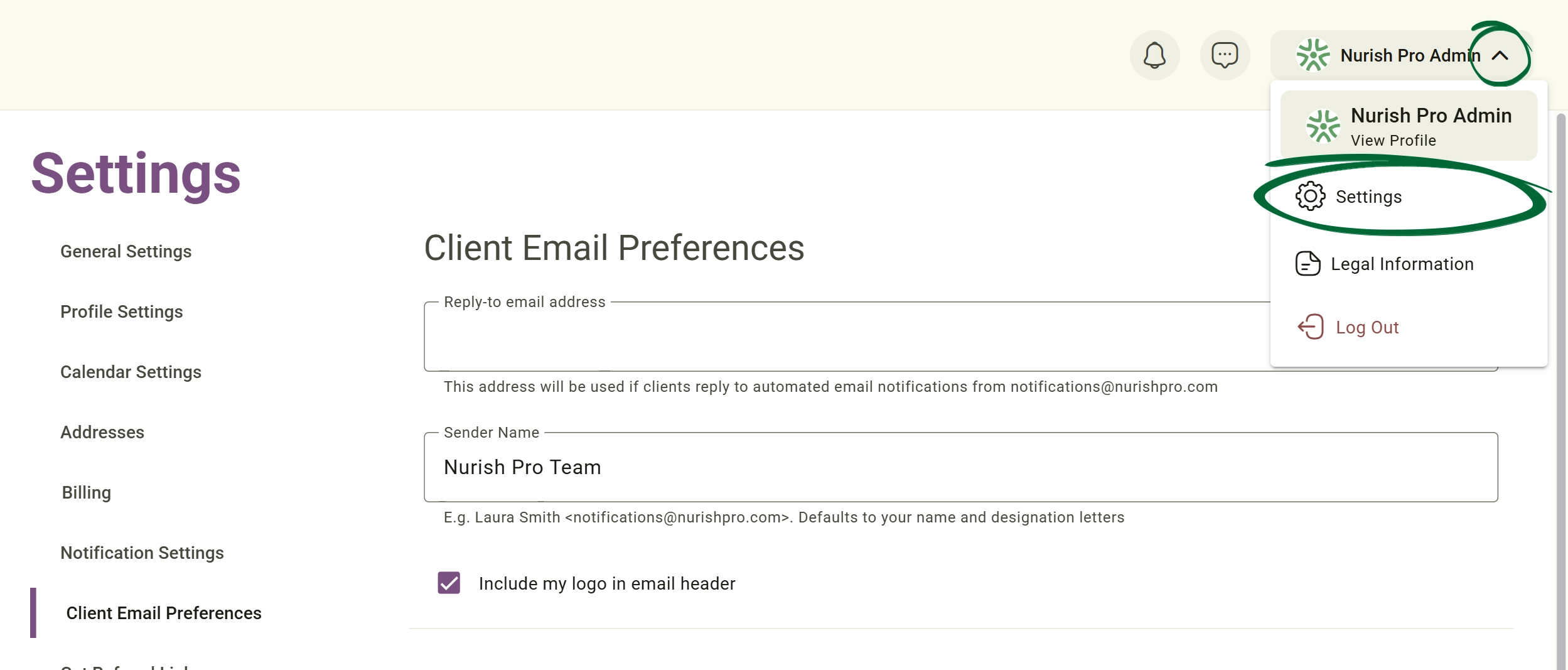 Settings Client Email Preferences Screenshot